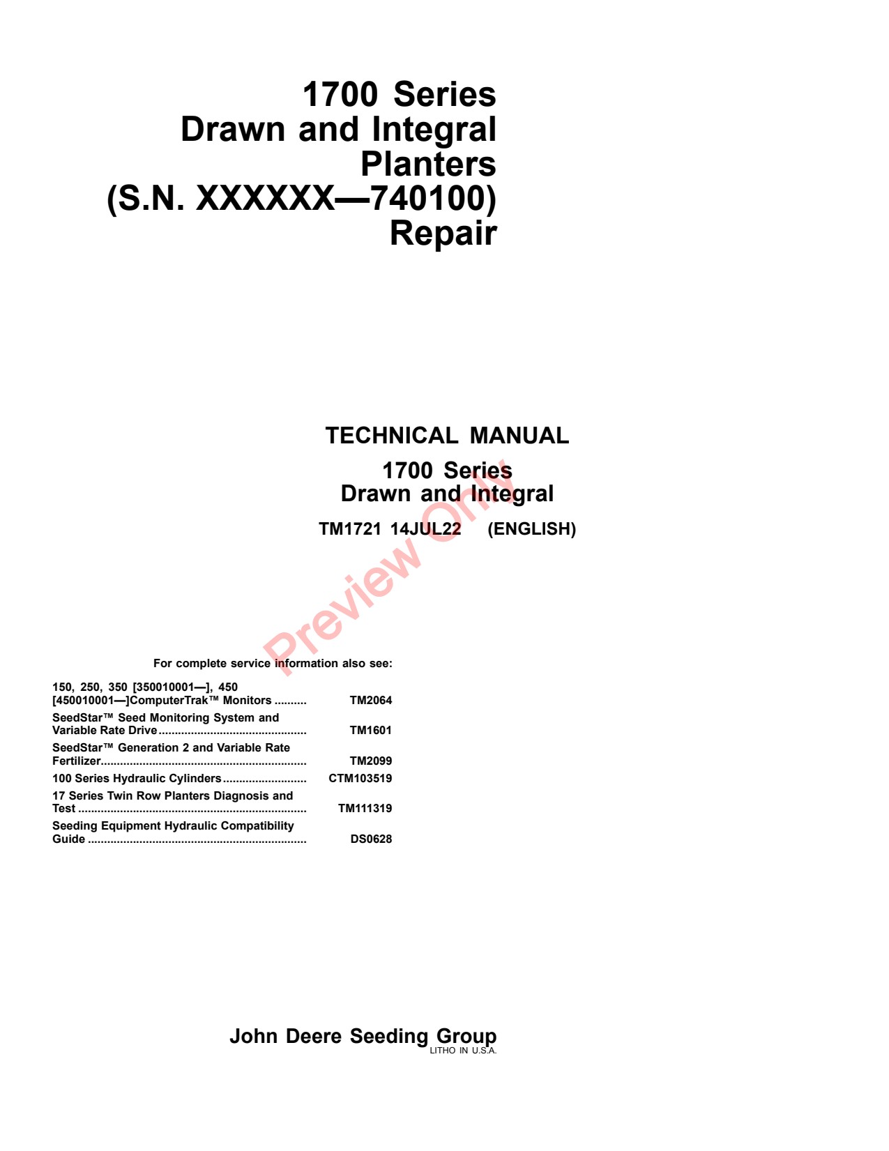 John Deere 1750 1700 1730 1720 1710 1780 Integral Planter Repair Technical Manual TM1721 1 John Deere 1750 1700 1730 1720 1710 1780 Integral Planter Repair Technical Manual TM1721