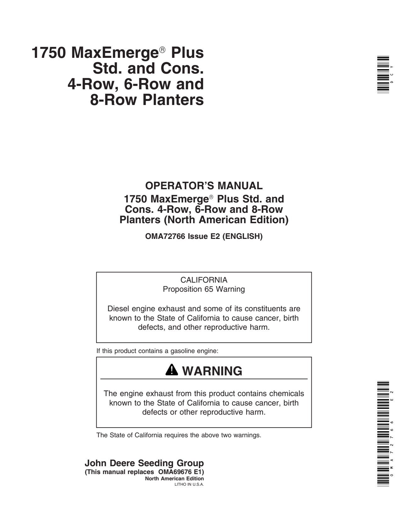 John Deere 1750 4R 6N 6W 8N Drawn Planter Operator Manual OMA72766 1 John Deere 1750 4R 6N 6W 8N Drawn Planter Operator Manual OMA72766