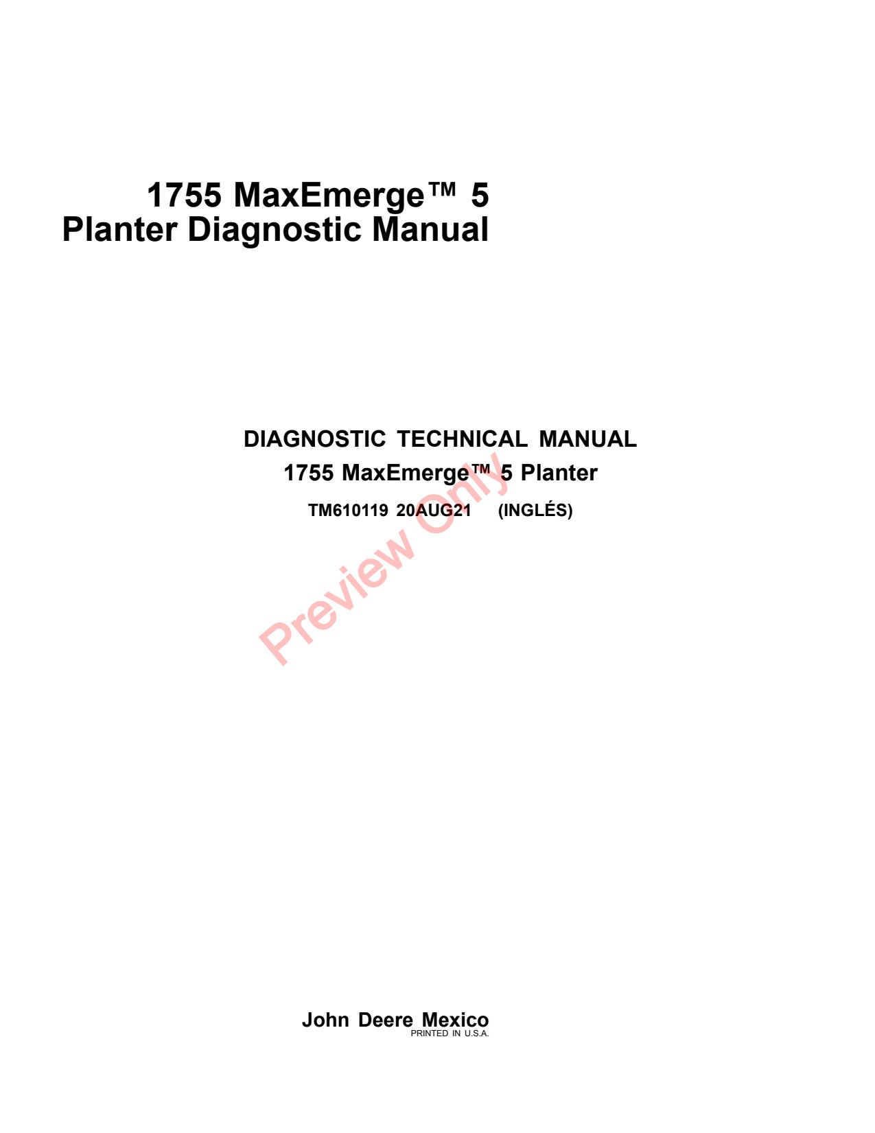 John Deere 1755 Planter Diagnostic Technical Manual TM610119