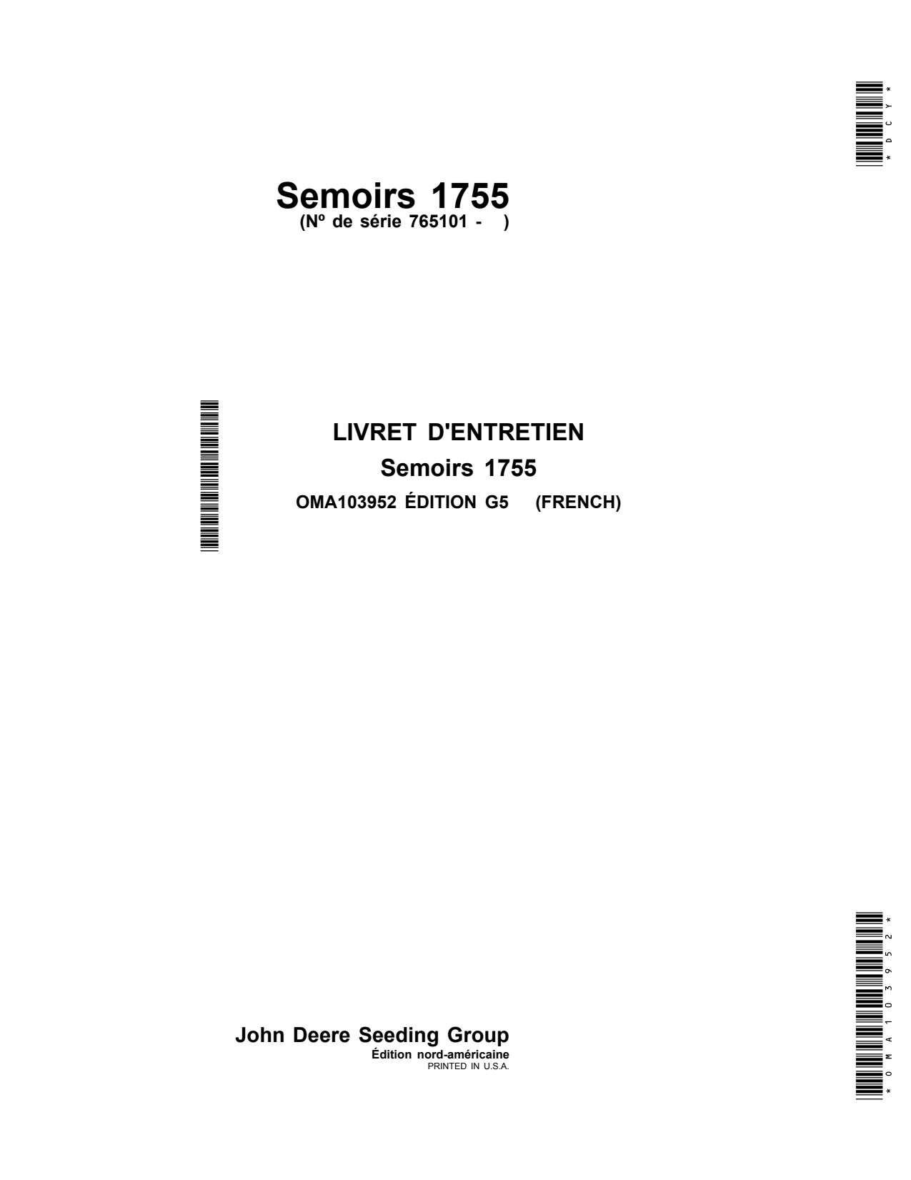 John Deere 1755 Planter Operator Manual OMA103952 FR 1 John Deere 1755 Planter Operator Manual OMA103952 FR