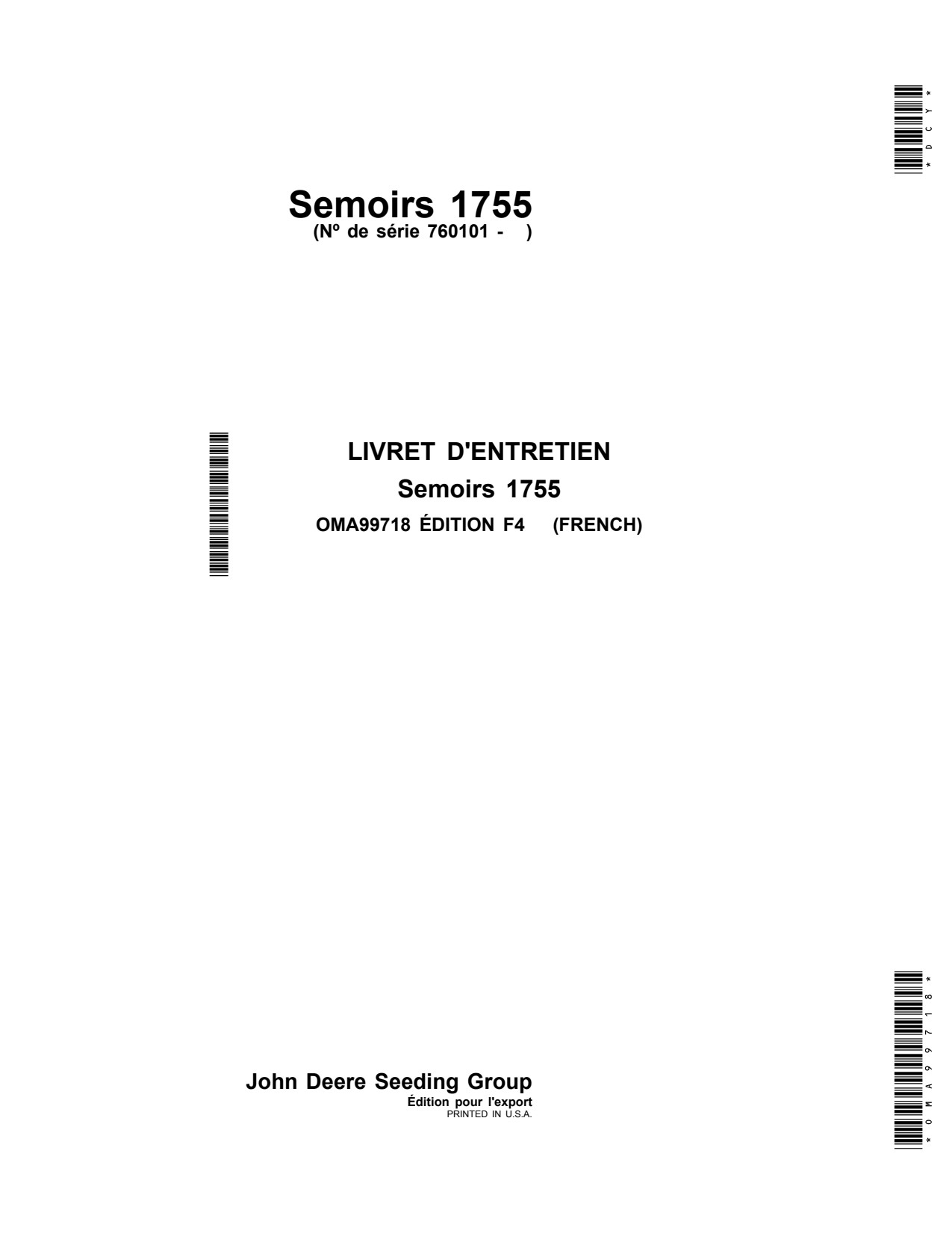 John Deere 1755 Planter Operator Manual OMA99718 FR 1 John Deere 1755 Planter Operator Manual OMA99718 FR