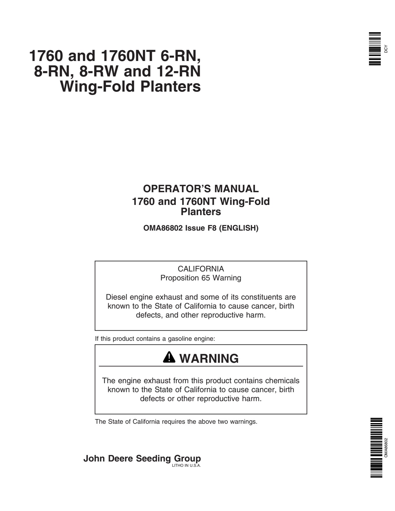 John Deere 1760 1760NT 12 Wing-fold Planter Operator Manual OMA86802 1 John Deere 1760 1760NT 12 Wing-fold Planter Operator Manual OMA86802