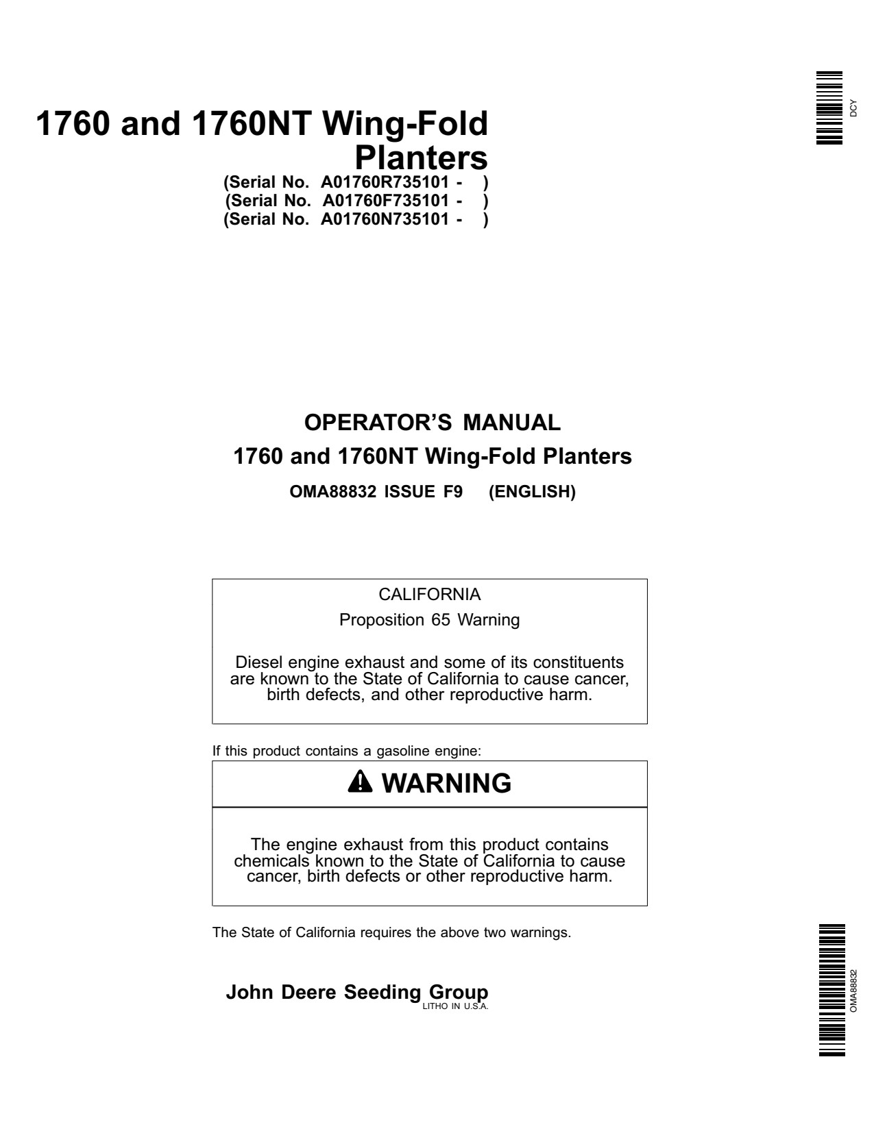 John Deere 1760 1760NT 12 Wing-fold Planter Operator Manual OMA88832 1 John Deere 1760 1760NT 12 Wing-fold Planter Operator Manual OMA88832