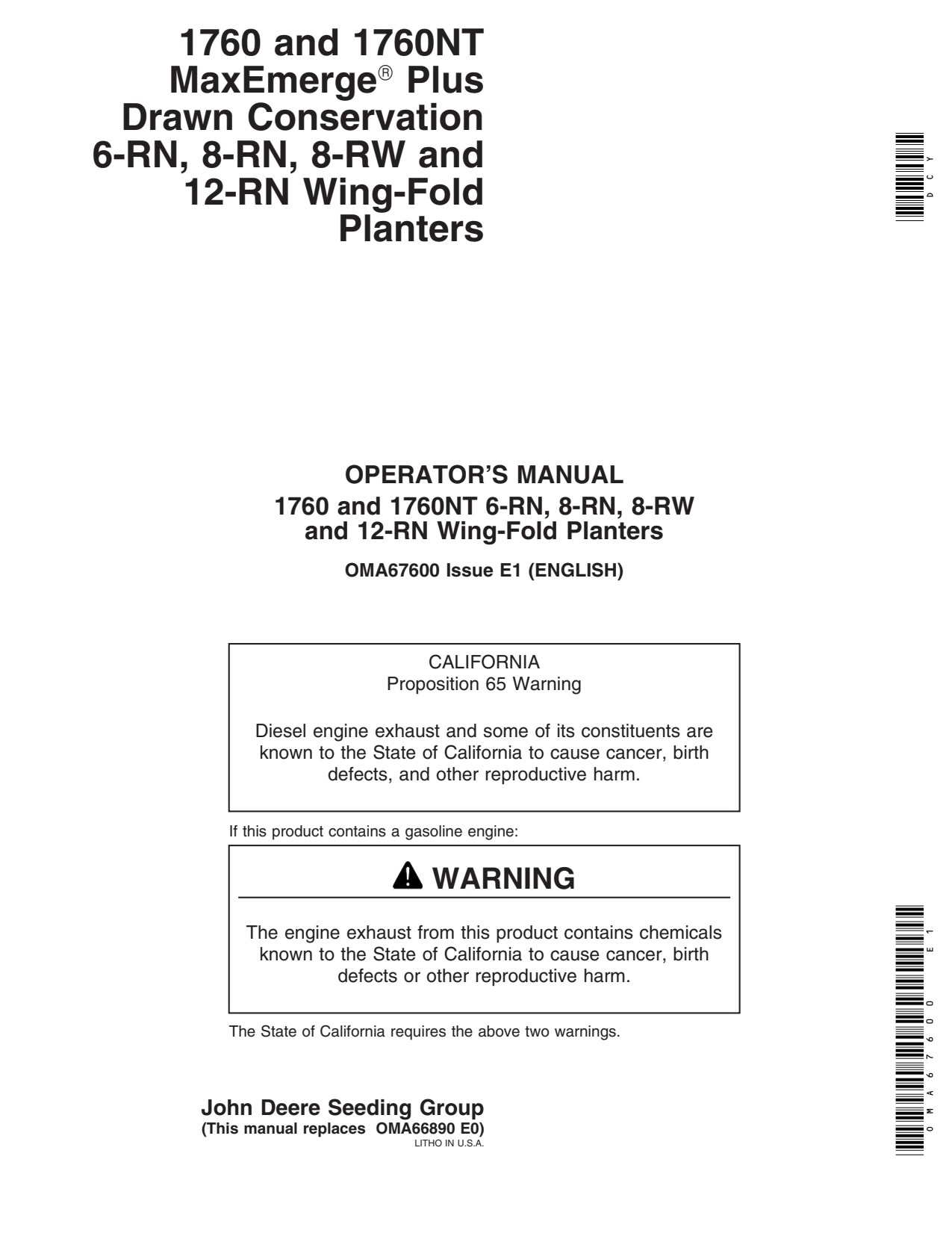 John Deere 1760 1760NT Planter Operator Manual OMA67600 1 John Deere 1760 1760NT Planter Operator Manual OMA67600