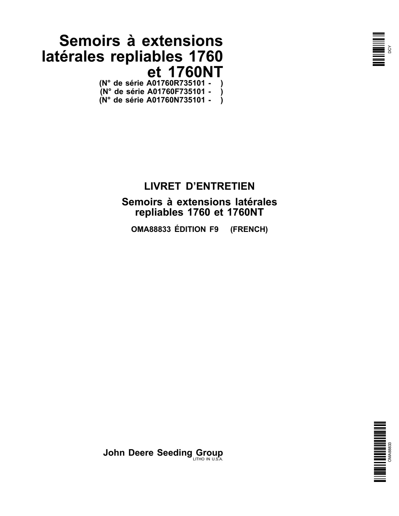 John Deere 1760 1760NT Planter Operator Manual OMA88833 ES 1 John Deere 1760 1760NT Planter Operator Manual OMA88833 ES
