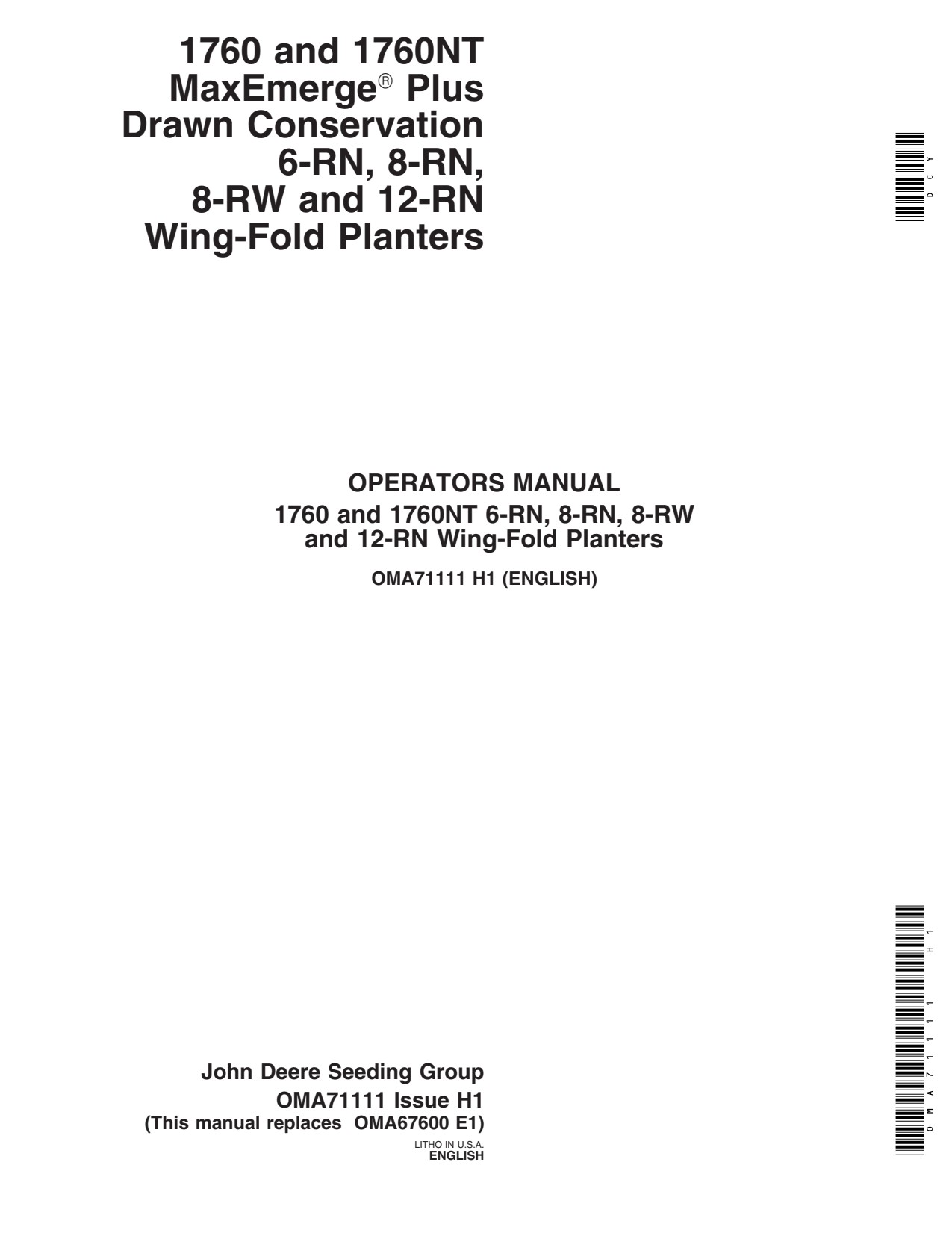 John Deere 1760 1760NT Wing-fold Planter Operator Manual OMA71111 1 John Deere 1760 1760NT Wing-fold Planter Operator Manual OMA71111