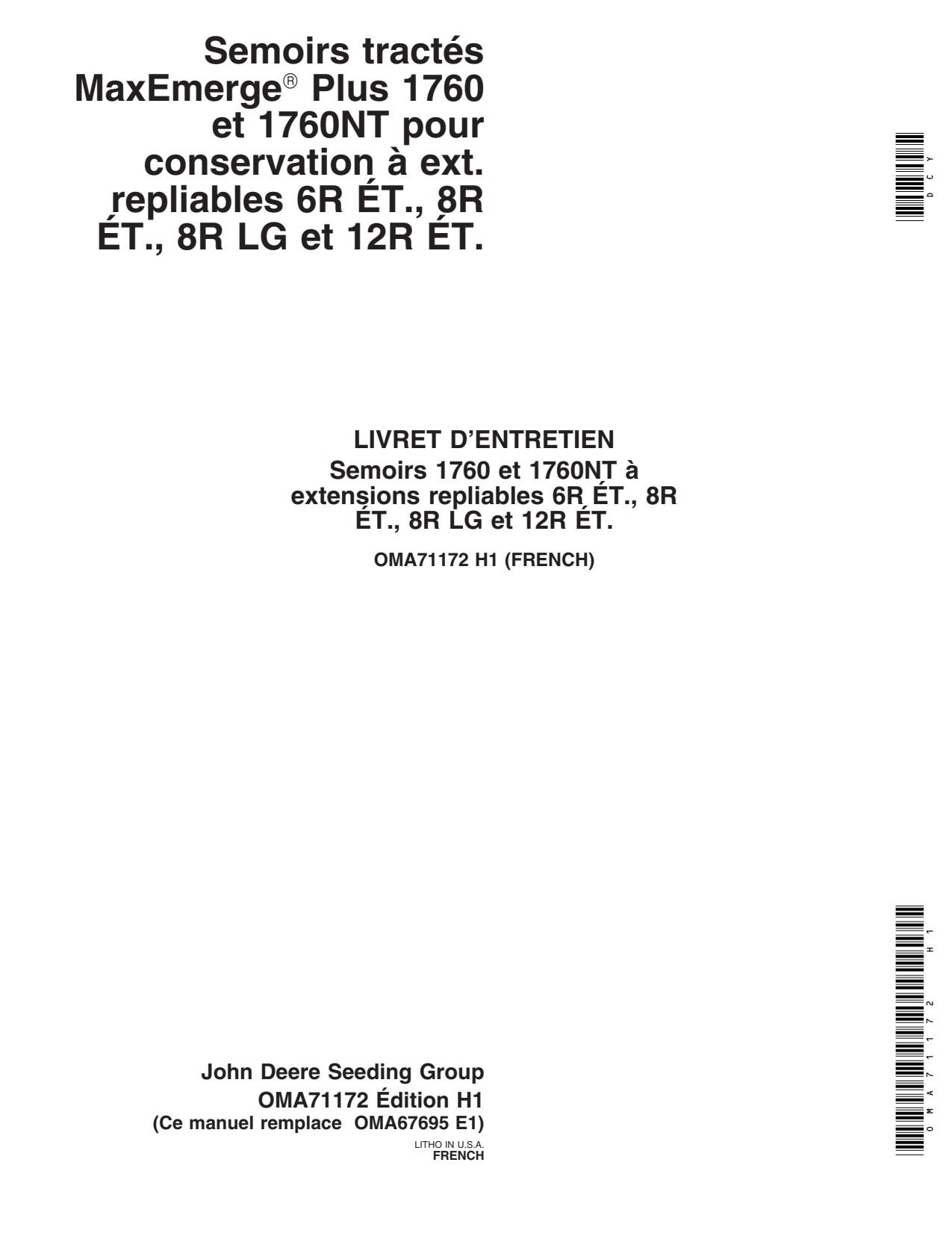 John Deere 1760 1760NT Wing-fold Planter Operator Manual OMA71172 FR 1 John Deere 1760 1760NT Wing-fold Planter Operator Manual OMA71172 FR