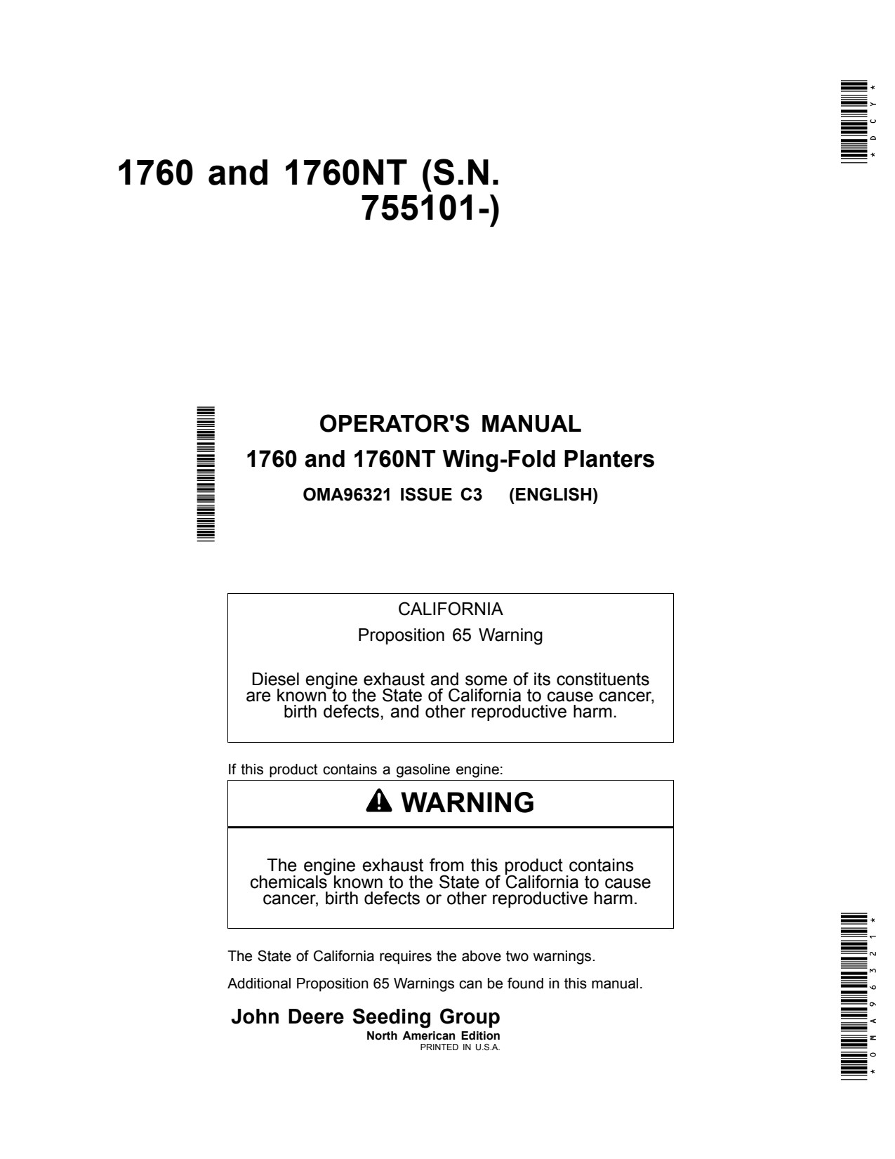 John Deere 1760 1760NT Wing-fold Planter Operator Manual OMA96321 1 John Deere 1760 1760NT Wing-fold Planter Operator Manual OMA96321