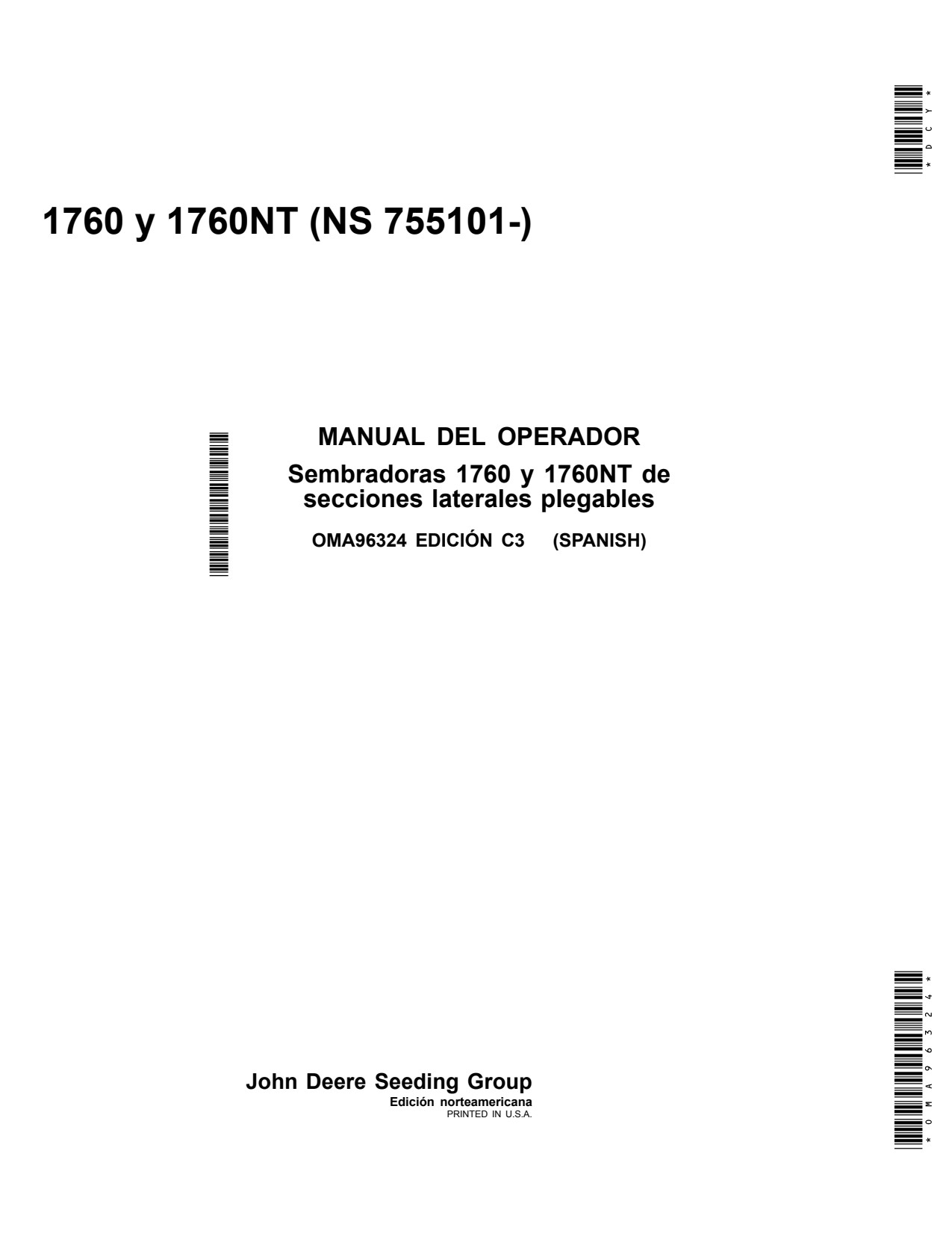 John Deere 1760 1760NT Wing-fold Planter Operator Manual OMA96324 ES 1 John Deere 1760 1760NT Wing-fold Planter Operator Manual OMA96324 ES