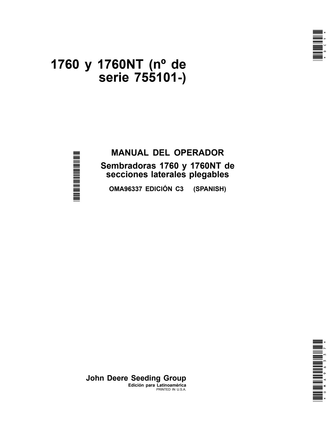 John Deere 1760 1760NT Wing-fold Planter Operator Manual OMA96337 ES 1 John Deere 1760 1760NT Wing-fold Planter Operator Manual OMA96337 ES