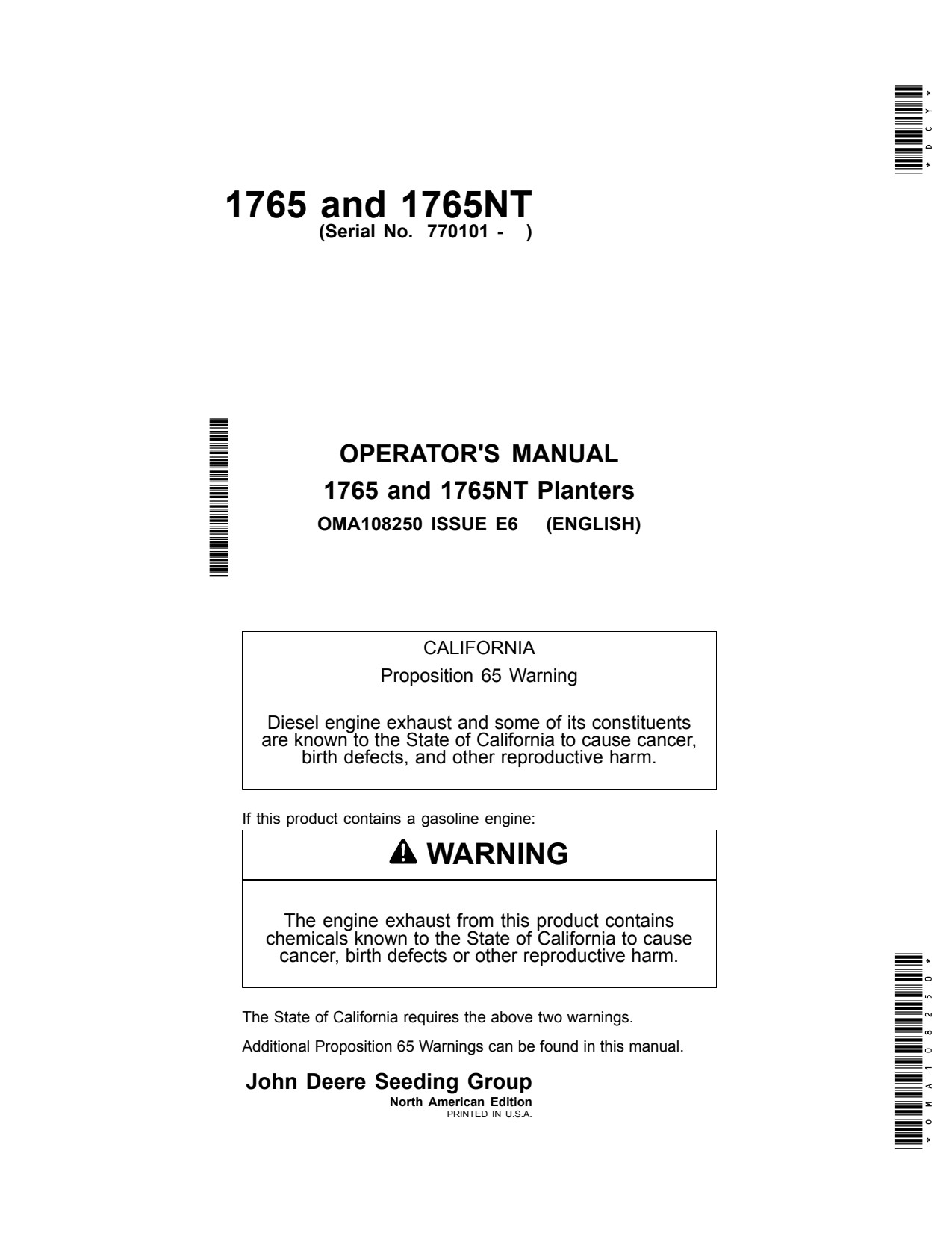 John Deere 1765 1765NT Air Hoe Drill Operator Manual OMA108250 1 John Deere 1765 1765NT Air Hoe Drill Operator Manual OMA108250