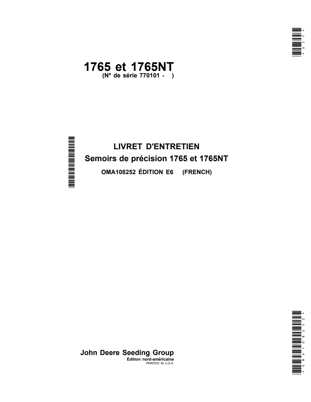 John Deere 1765 1765NT Air Hoe Drill Operator Manual OMA108252 FR 1 John Deere 1765 1765NT Air Hoe Drill Operator Manual OMA108252 FR
