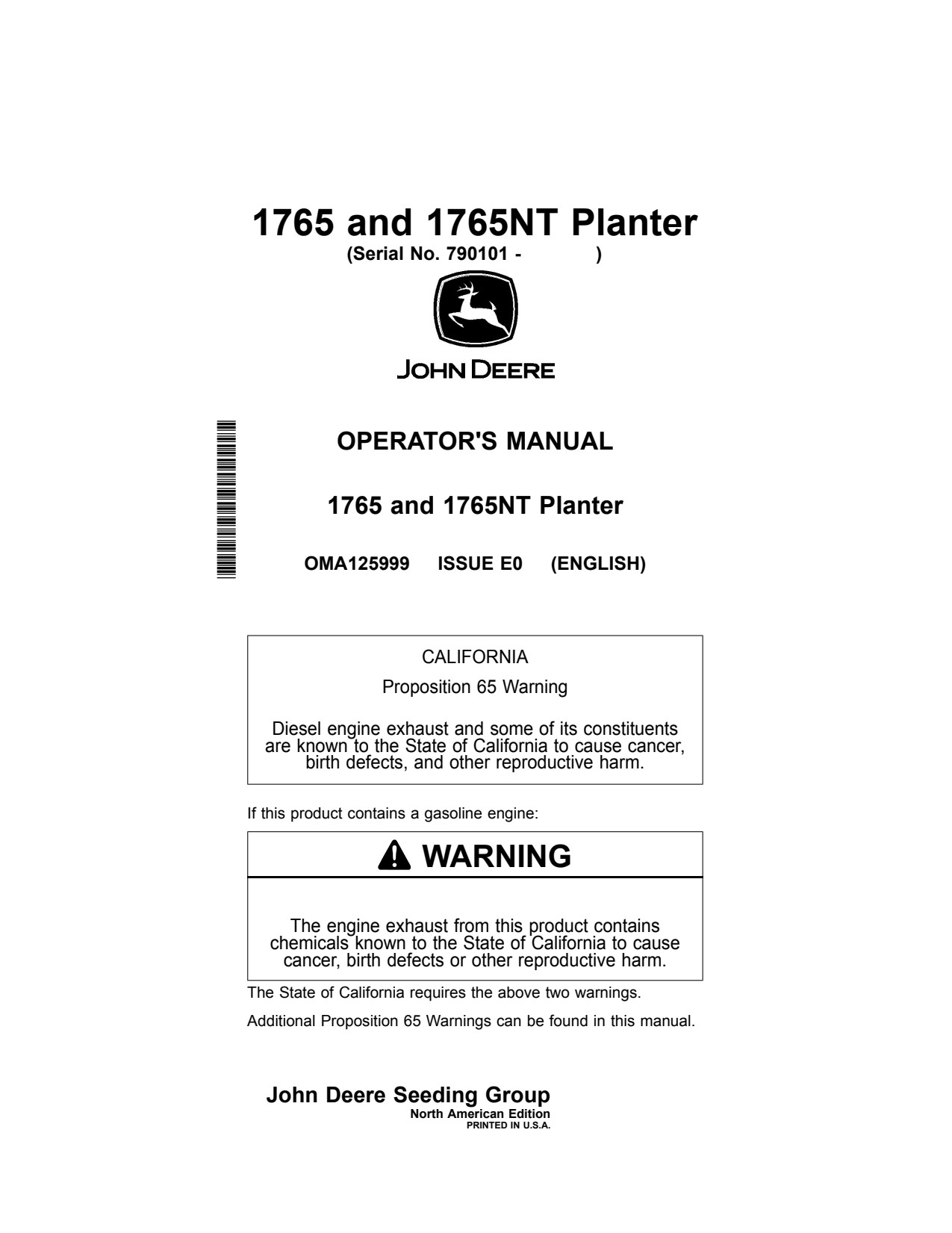 John Deere 1765 1765NT Air Hoe Drill Operator Manual OMA125999 1 John Deere 1765 1765NT Air Hoe Drill Operator Manual OMA125999