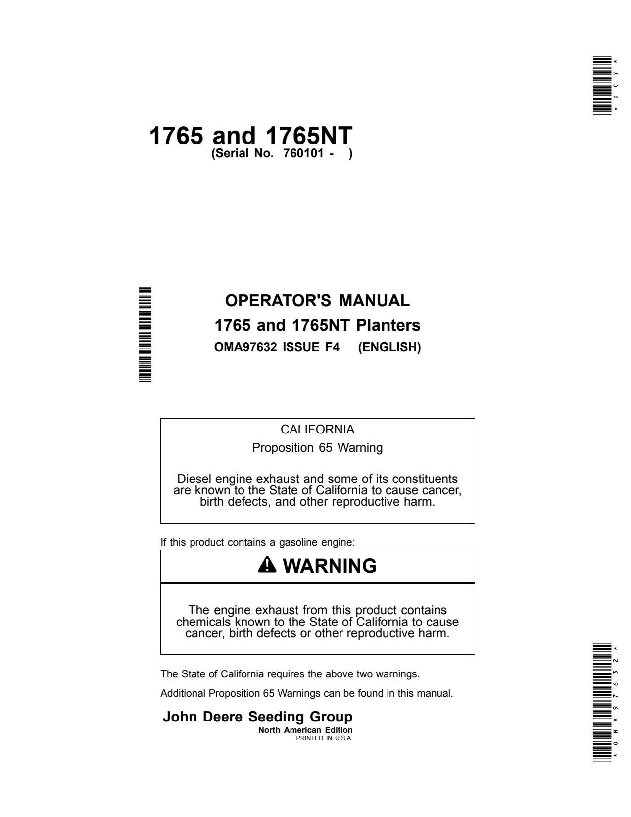 John Deere 1765 1765NT Air Hoe Drill Operator Manual OMA97632 1 John Deere 1765 1765NT Air Hoe Drill Operator Manual OMA97632