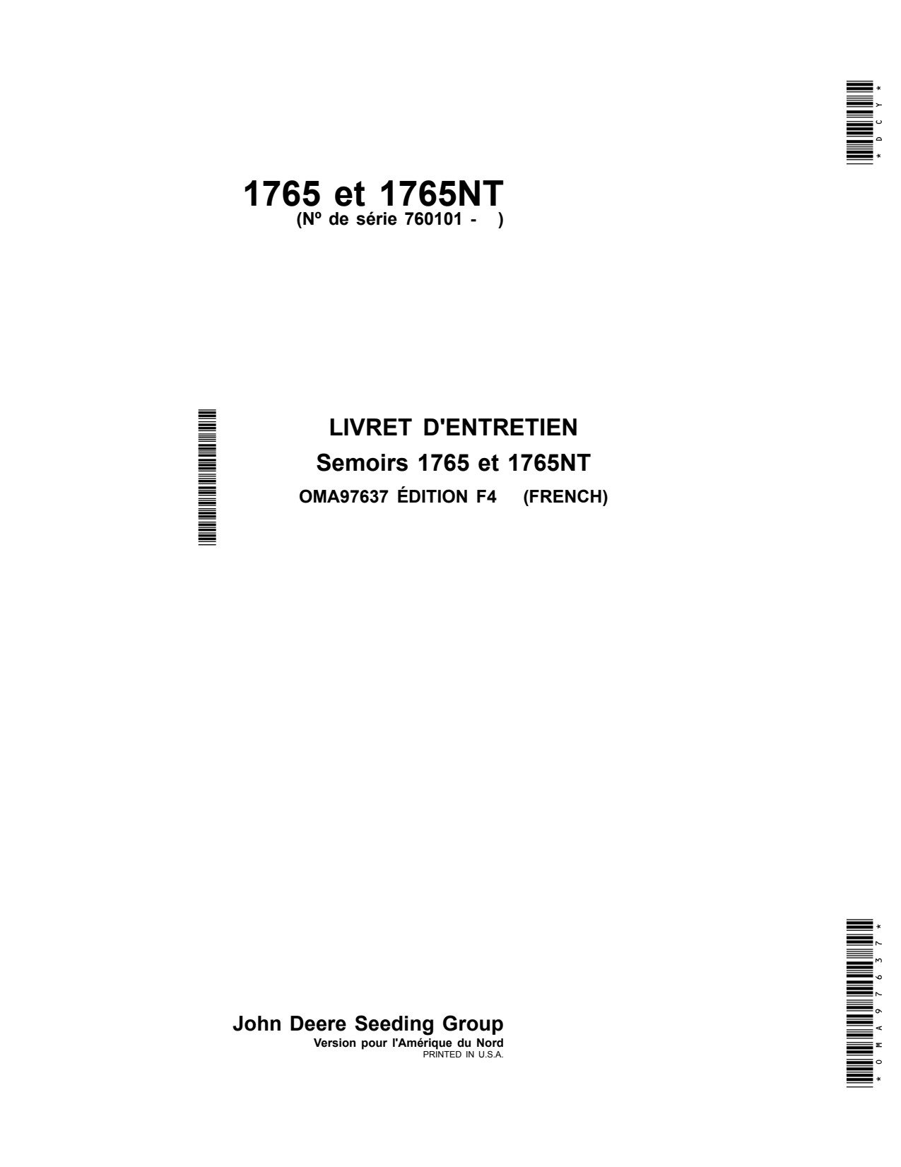 John Deere 1765 1765NT Air Hoe Drill Operator Manual OMA97637 FR 1 John Deere 1765 1765NT Air Hoe Drill Operator Manual OMA97637 FR