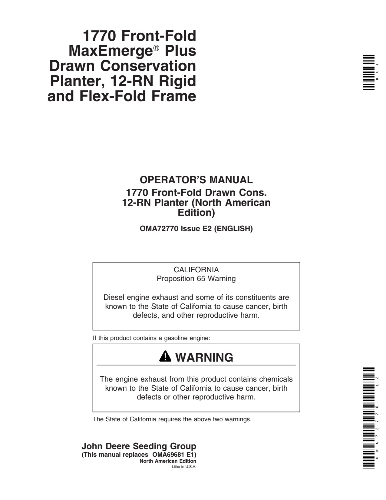John Deere 1770 12 Drawn Conservation Planter Operator Manual OMA72770 1 John Deere 1770 12 Drawn Conservation Planter Operator Manual OMA72770