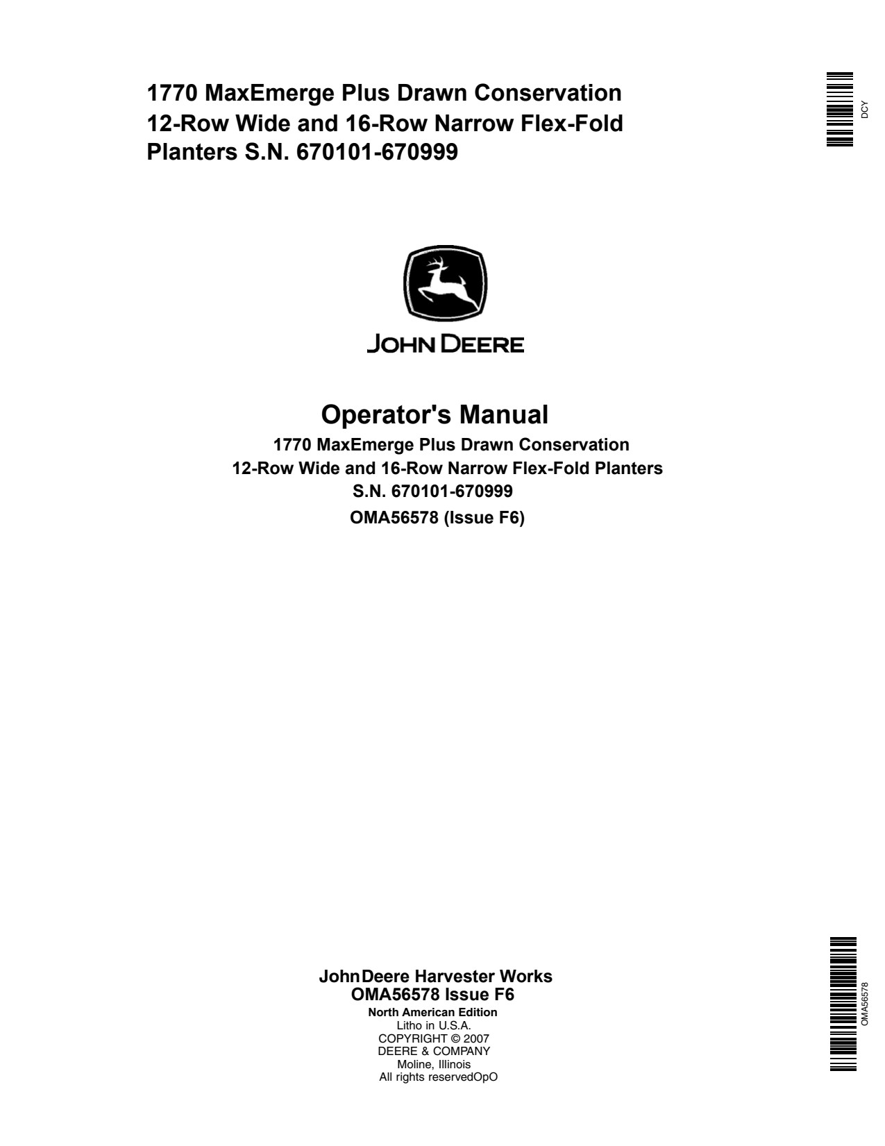 John Deere 1770 Narrow Flex-fold Planter Operator Manual OMA56578 1 John Deere 1770 Narrow Flex-fold Planter Operator Manual OMA56578