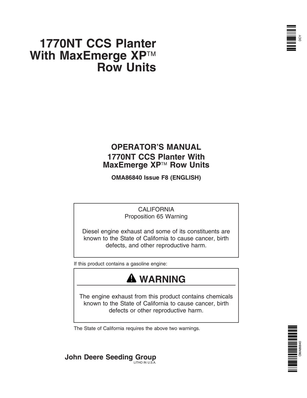 John Deere 1770NT 12 16 24 CCS Planter Operator Manual OMA86840 1 John Deere 1770NT 12 16 24 CCS Planter Operator Manual OMA86840