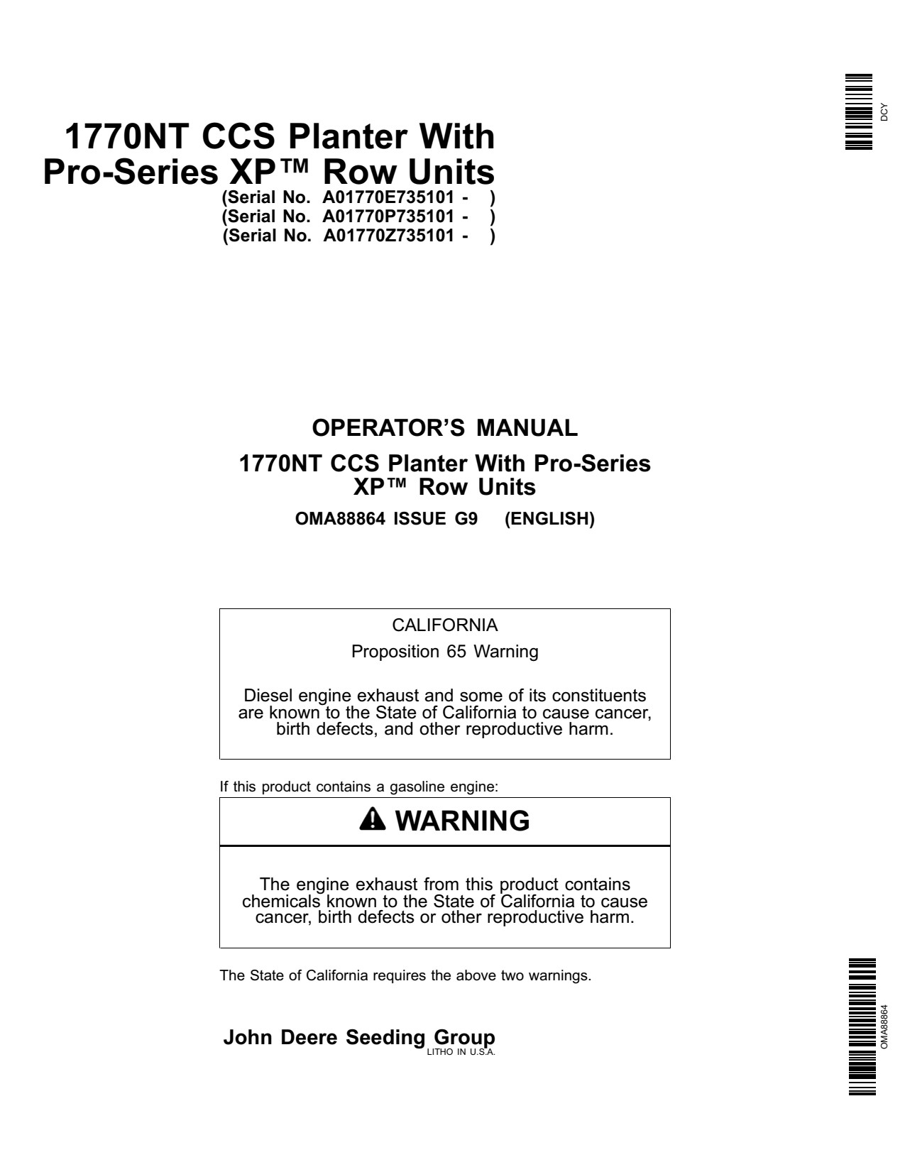 John Deere 1770NT 12 16 24 CCS Pro-series Planter Operator Manual OMA88864 1 John Deere 1770NT 12 16 24 CCS Pro-series Planter Operator Manual OMA88864