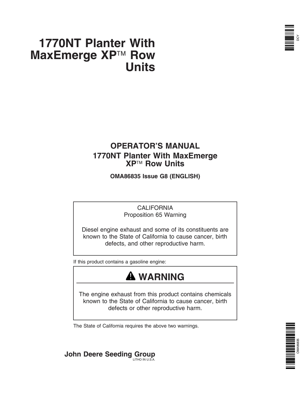 John Deere 1770NT 12 16 24 Row Planter Operator Manual OMA86835 1 John Deere 1770NT 12 16 24 Row Planter Operator Manual OMA86835