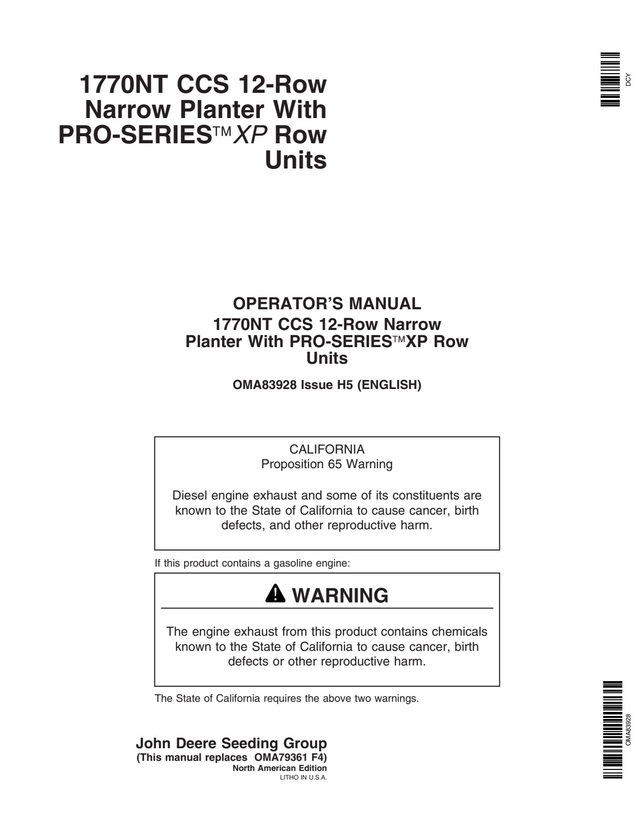 John Deere 1770NT 12 CCS Pro-series Planter Operator Manual OMA83928 1 John Deere 1770NT 12 CCS Pro-series Planter Operator Manual OMA83928