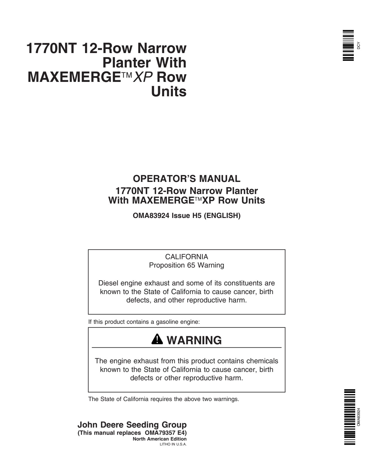 John Deere 1770NT 12 Row MaxEmerge Planter Operator Manual OMA83924 1 John Deere 1770NT 12 Row MaxEmerge Planter Operator Manual OMA83924