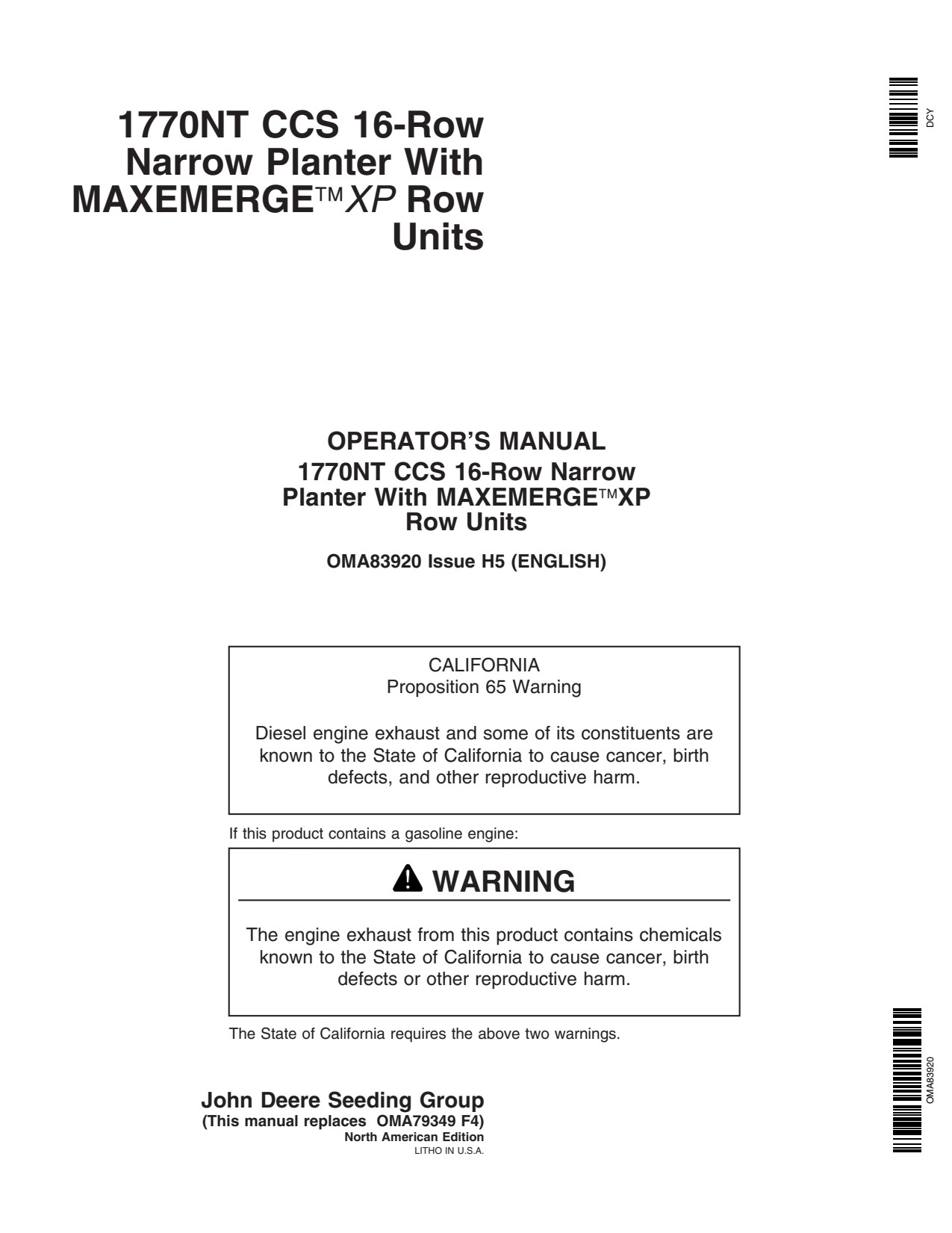John Deere 1770NT 16 CCS MaxEmerge Planter Operator Manual OMA83920 1 John Deere 1770NT 16 CCS MaxEmerge Planter Operator Manual OMA83920