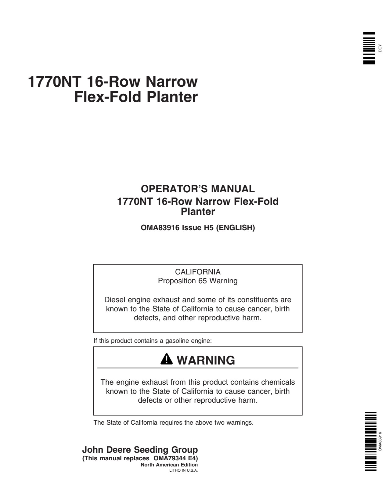 John Deere 1770NT 16 Row MaxEmerge Planter Operator Manual OMA83916 1 John Deere 1770NT 16 Row MaxEmerge Planter Operator Manual OMA83916