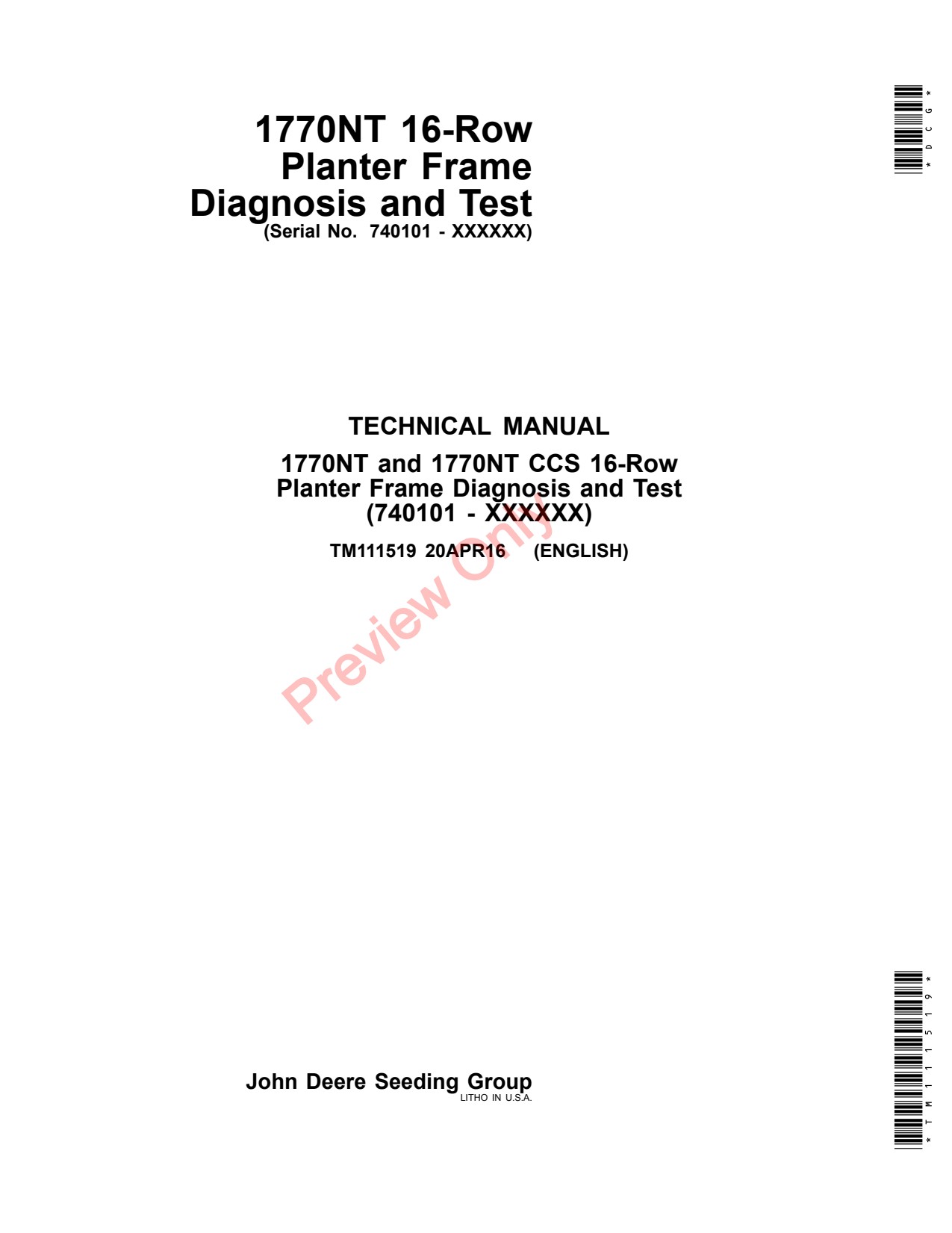 John Deere 1770NT 16 Row Planter Diagnostic Technical Manual TM111519 1 John Deere 1770NT 16 Row Planter Diagnostic Technical Manual TM111519