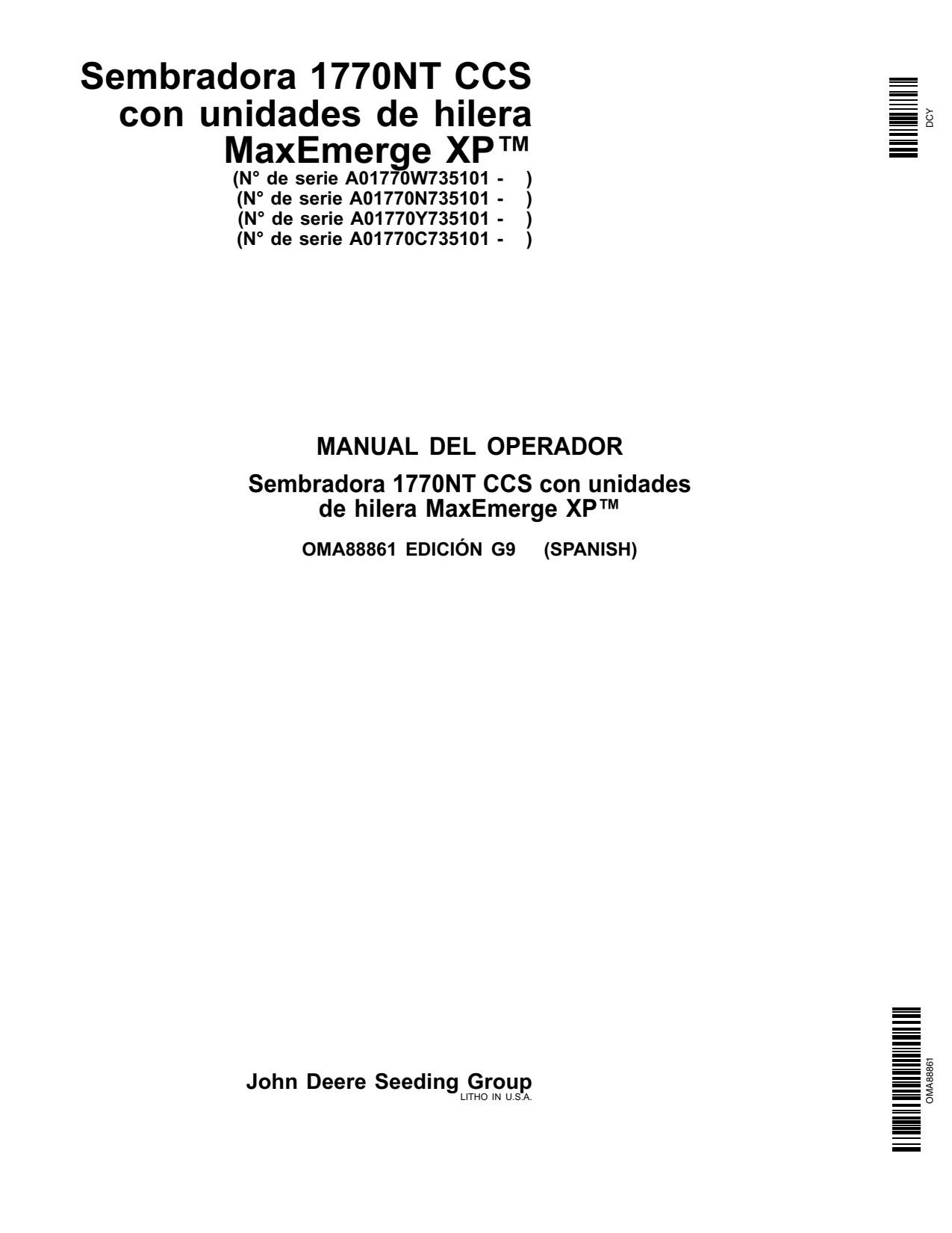 John Deere 1770NT Drawn Planter Operator Manual OMA88861 ES 1 John Deere 1770NT Drawn Planter Operator Manual OMA88861 ES