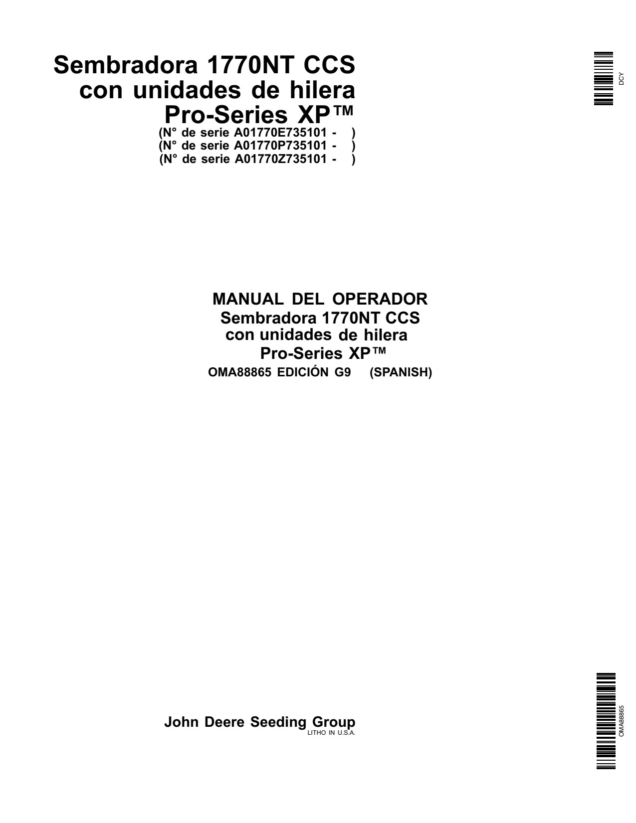 John Deere 1770NT Drawn Planter Operator Manual OMA88865 ES 1 John Deere 1770NT Drawn Planter Operator Manual OMA88865 ES