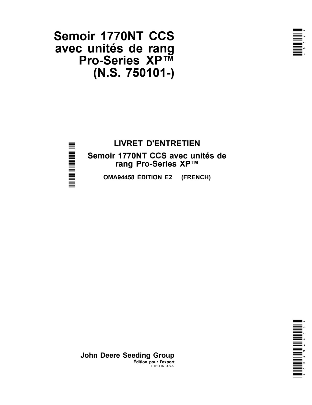 John Deere 1770NT Drawn Planter Operator Manual OMA94458 FR 1 John Deere 1770NT Drawn Planter Operator Manual OMA94458 FR