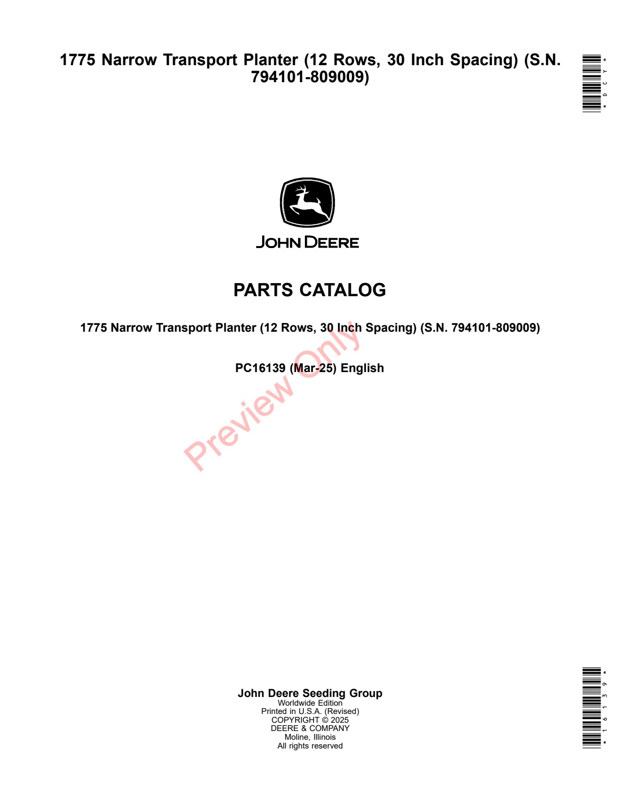 John Deere 1775 1775NT 12 Narrow Transport Planter Parts Catalog PC16139 1 John Deere 1775 1775NT 12 Narrow Transport Planter Parts Catalog PC16139