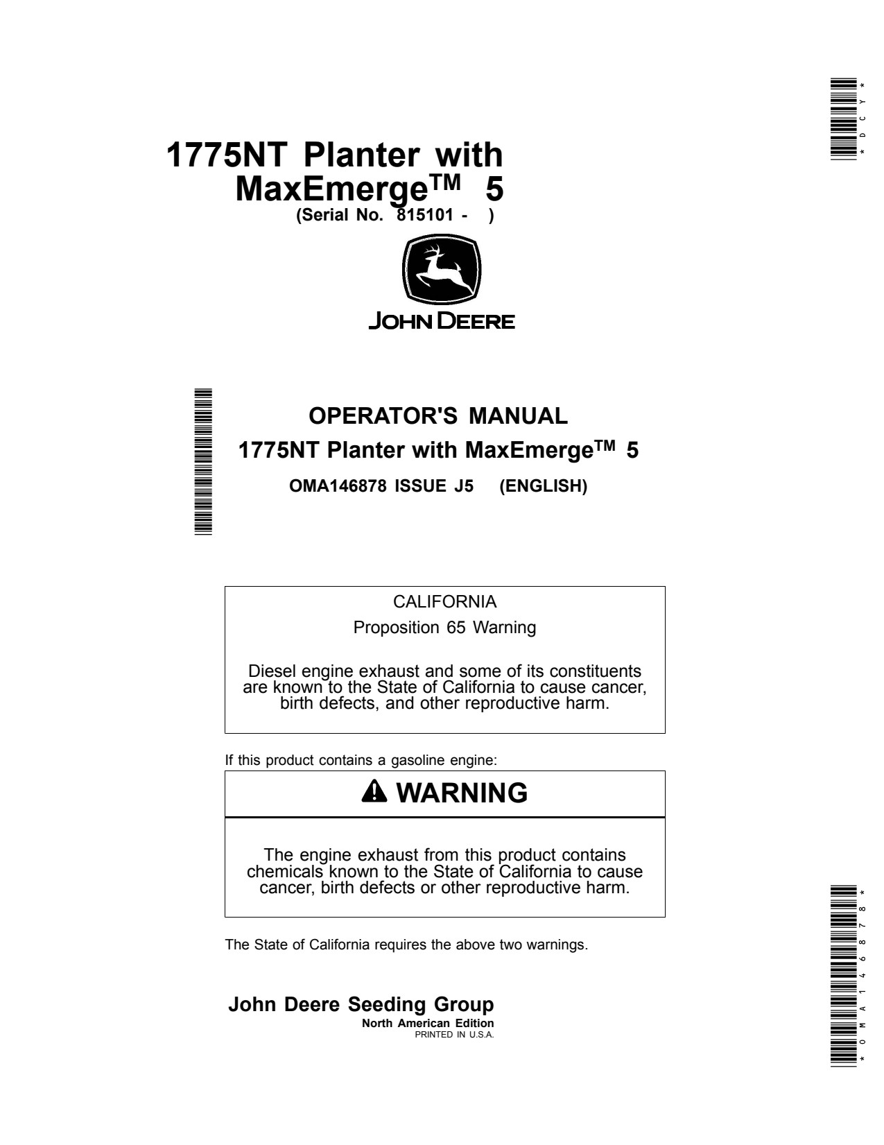 John Deere 1775NT 12ROW 16Row 24Row CCS Planter Operator Manual OMA146878 1 John Deere 1775NT 12ROW 16Row 24Row CCS Planter Operator Manual OMA146878