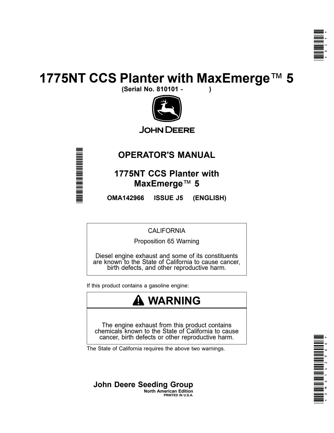 John Deere 1775NT 12Row 16Row 24Row CCS Planter Operator Manual OMA142966 1 John Deere 1775NT 12Row 16Row 24Row CCS Planter Operator Manual OMA142966