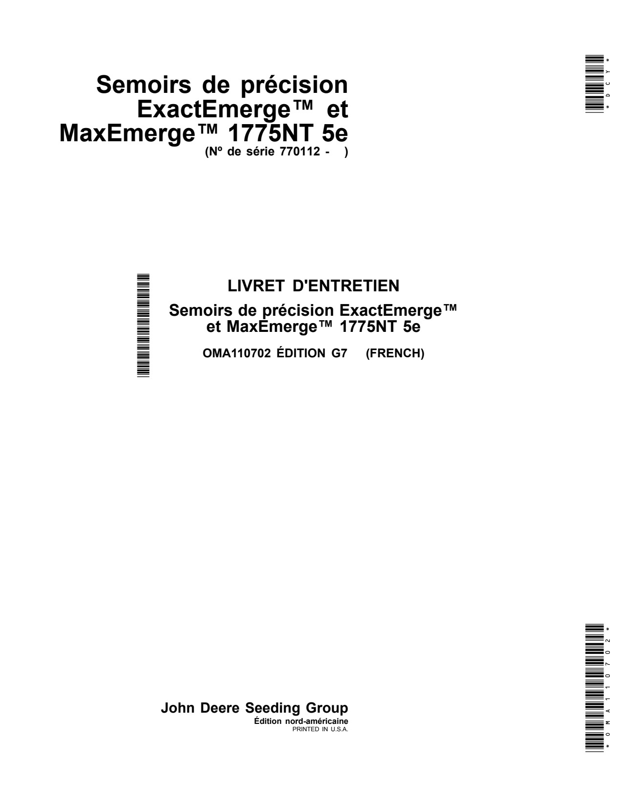 John Deere 1775NT 5E Planter Operator Manual OMA110702 FR 1 John Deere 1775NT 5E Planter Operator Manual OMA110702 FR
