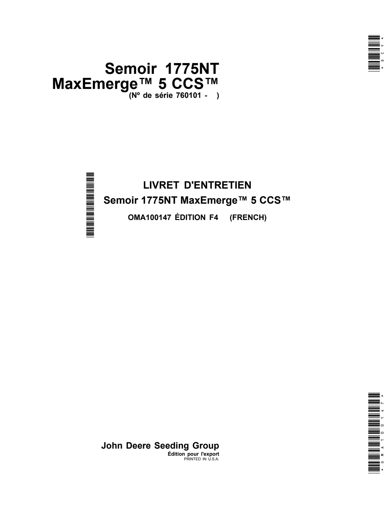 John Deere 1775NT CCS No-till Air Drill Operator Manual OMA100147 FR 1 John Deere 1775NT CCS No-till Air Drill Operator Manual OMA100147 FR