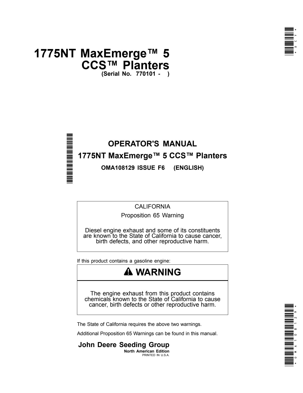John Deere 1775NT CCS No-till Air Drill Operator Manual OMA108129 1 John Deere 1775NT CCS No-till Air Drill Operator Manual OMA108129