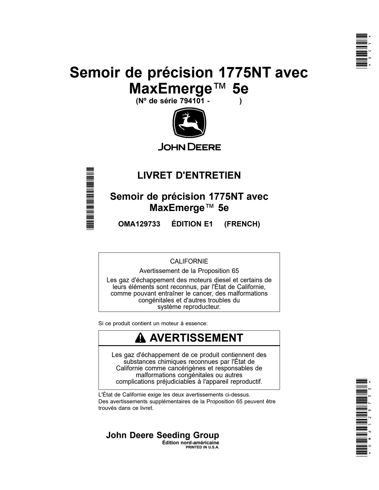 John Deere 1775NT Non CCS 5E Planter Operator Manual OMA129733 FR 1 John Deere 1775NT Non CCS 5E Planter Operator Manual OMA129733 FR