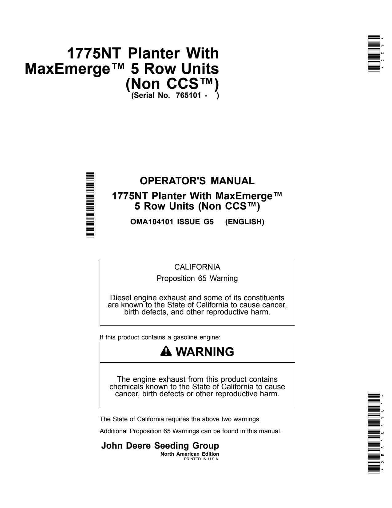 John Deere 1775NT Non-CCS Planter Operator Manual OMA104101 1 John Deere 1775NT Non-CCS Planter Operator Manual OMA104101