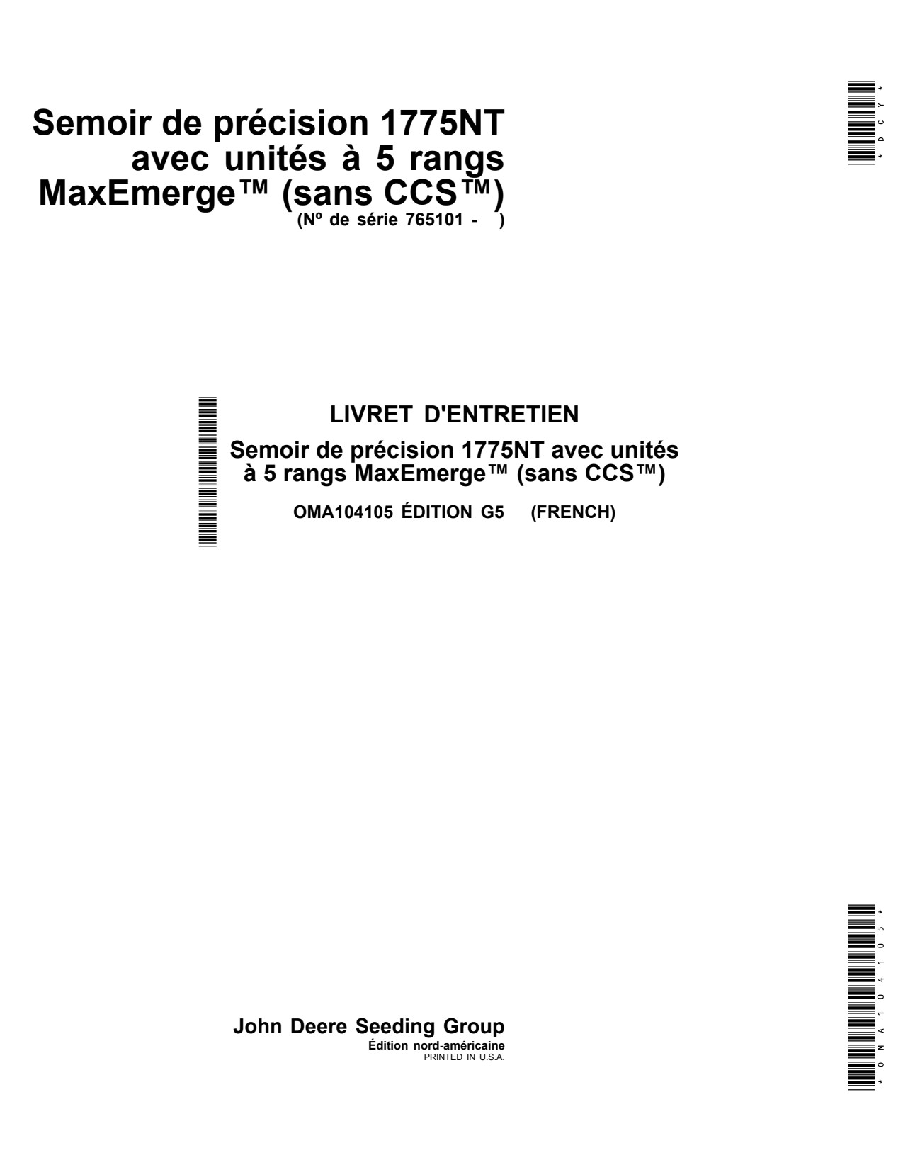 John Deere 1775NT Non-CCS Planter Operator Manual OMA104105 FR 1 John Deere 1775NT Non-CCS Planter Operator Manual OMA104105 FR