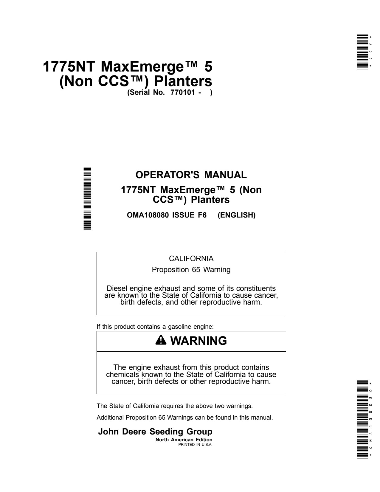 John Deere 1775NT Non-CCS Planter Operator Manual OMA108080 1 John Deere 1775NT Non-CCS Planter Operator Manual OMA108080