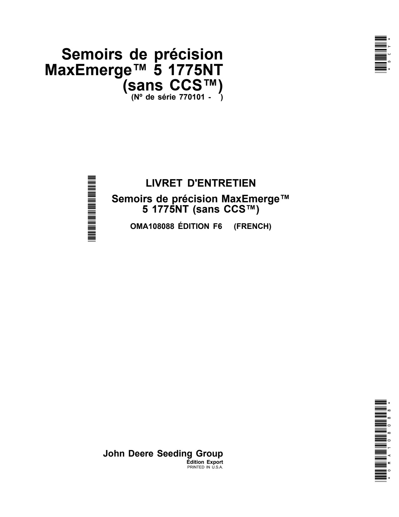 John Deere 1775NT Non-CCS Planter Operator Manual OMA108088 FR 1 John Deere 1775NT Non-CCS Planter Operator Manual OMA108088 FR