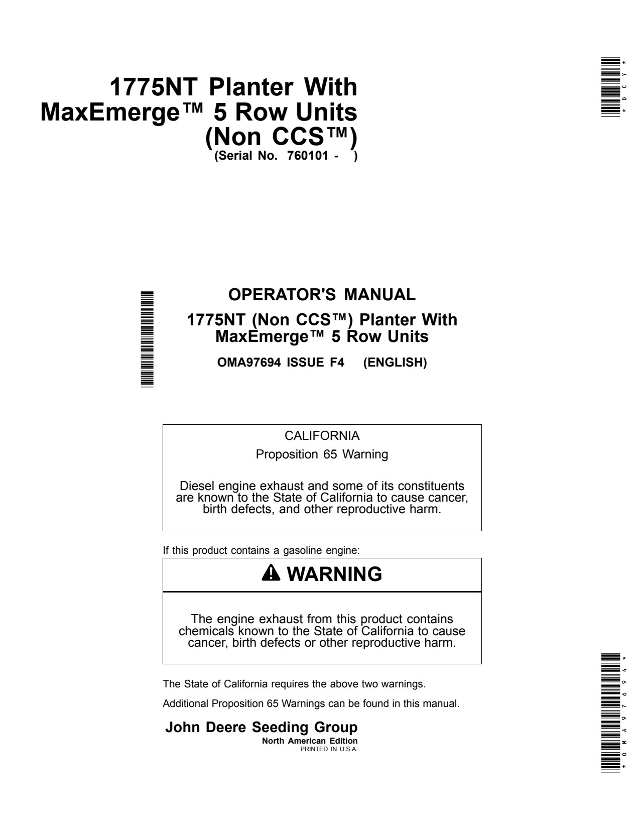John Deere 1775NT Non-CCS Planter Operator Manual OMA97694 1 John Deere 1775NT Non-CCS Planter Operator Manual OMA97694