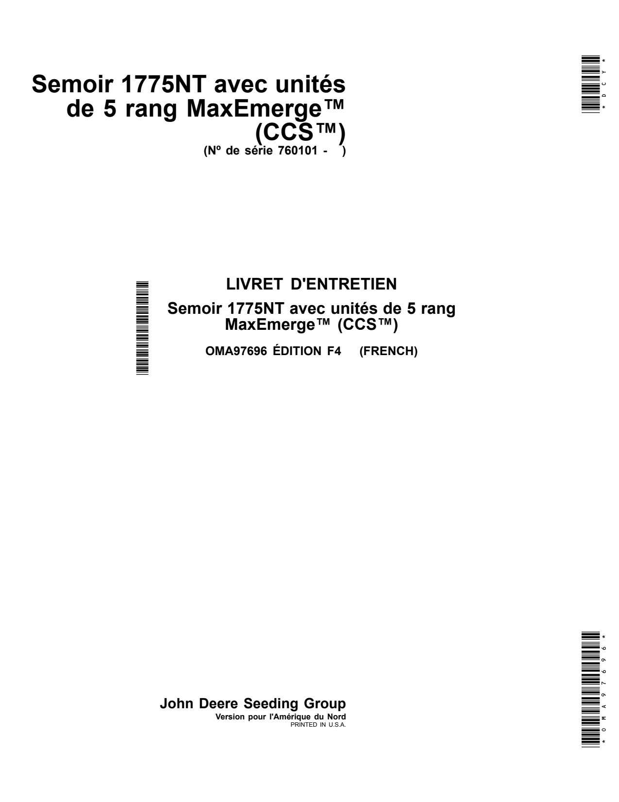 John Deere 1775NT Non-CCS Planter Operator Manual OMA97696 FR 1 John Deere 1775NT Non-CCS Planter Operator Manual OMA97696 FR