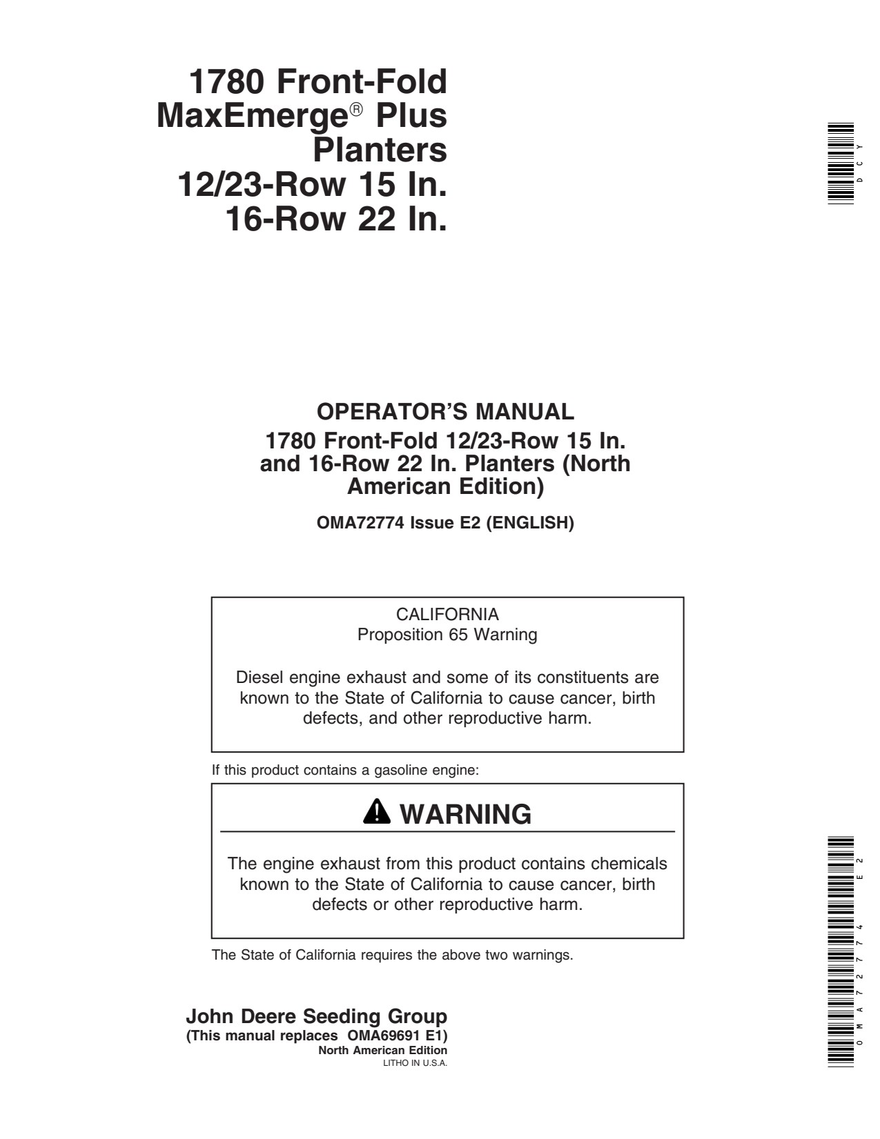 John Deere 1780 12 23 15 30 16 22 Drawn Planter Operator Manual OMA72774 1 John Deere 1780 12 23 15 30 16 22 Drawn Planter Operator Manual OMA72774
