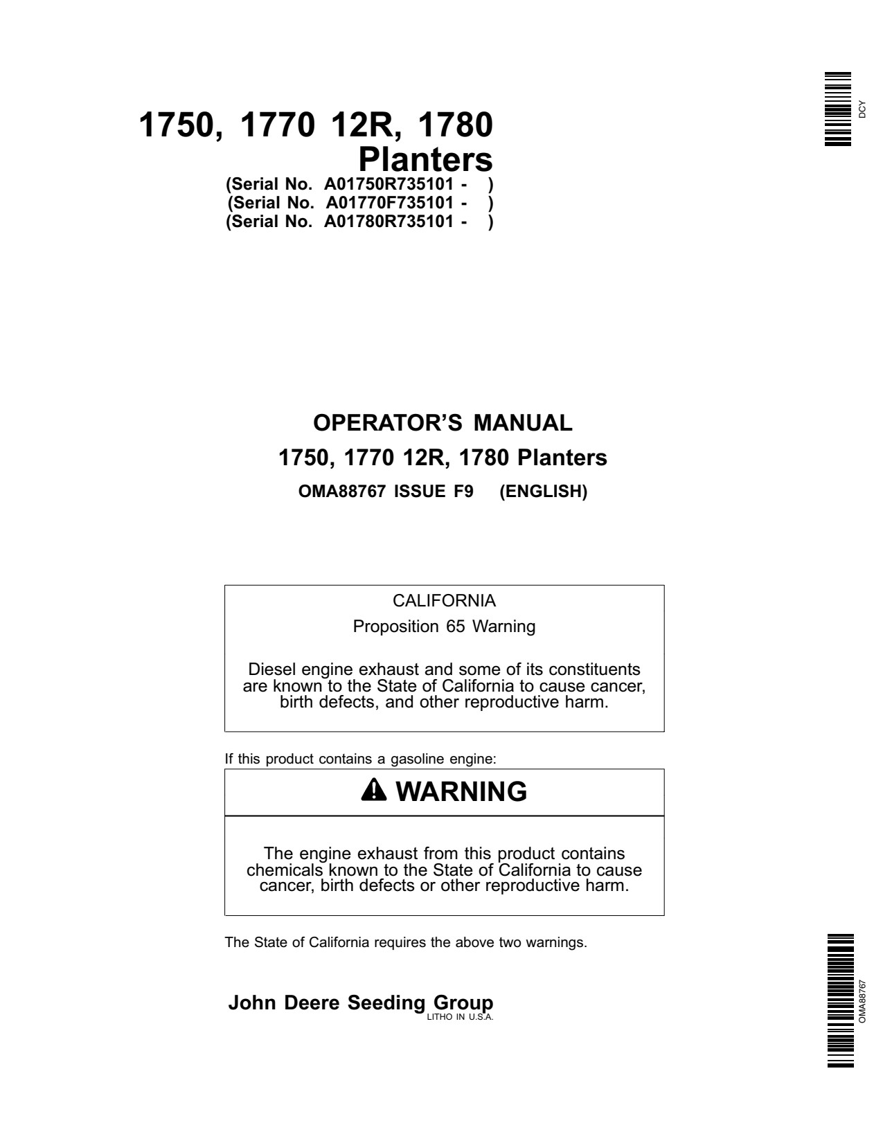 John Deere 1780 1770 1750 12R Planter Operator Manual OMA88767 1 John Deere 1780 1770 1750 12R Planter Operator Manual OMA88767