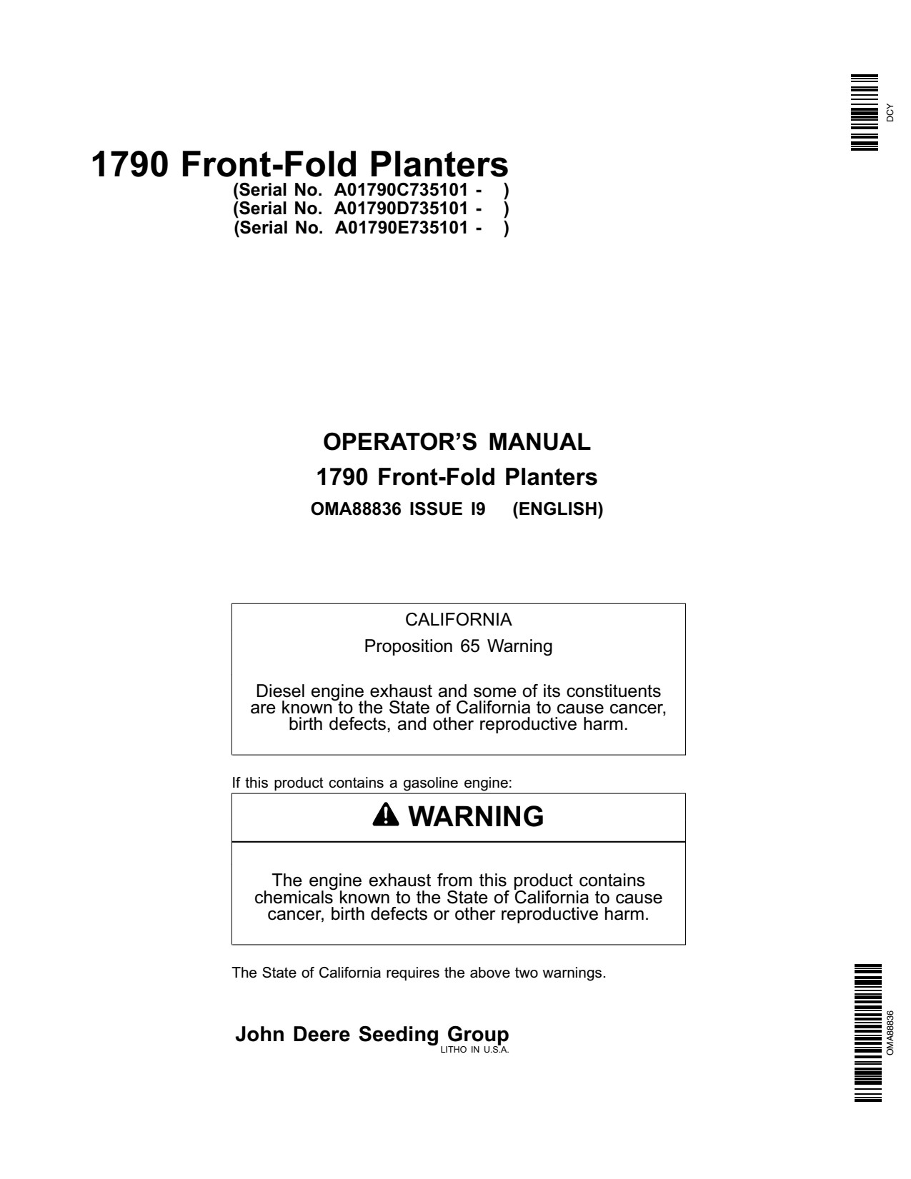 John Deere 1790 Front-fold Planter Operator Manual OMA88836 1 John Deere 1790 Front-fold Planter Operator Manual OMA88836