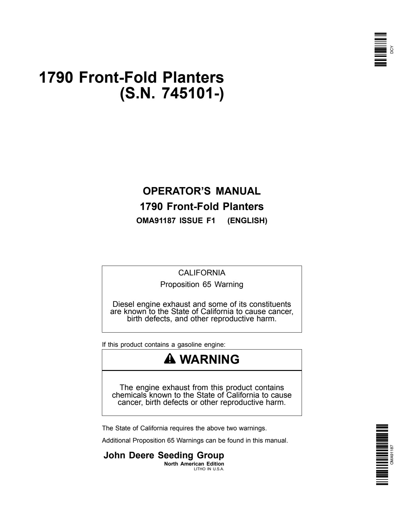 John Deere 1790 Front-fold Planter Operator Manual OMA91187 1 John Deere 1790 Front-fold Planter Operator Manual OMA91187