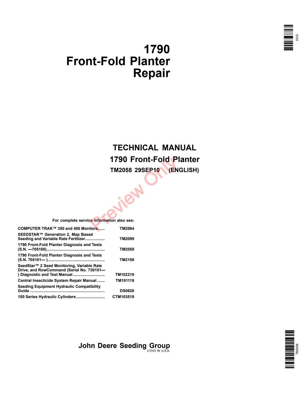 John Deere 1790 Front-fold Planter Repair Technical Manual TM2058 1 John Deere 1790 Front-fold Planter Repair Technical Manual TM2058
